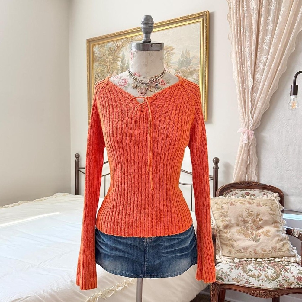 Orange Lace Up Sweater  Y2K No Boundaries size XL orange ribbed knit sweater